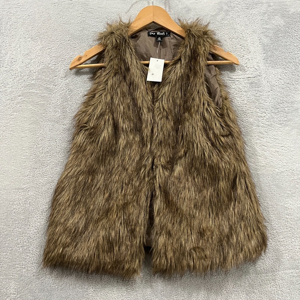Say What Faux Fur Vest Womens XS Brown Boho Hippie Pockets Grunge